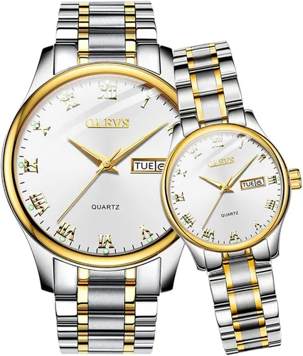 Miniatura 66 de OLEVS Juego de 2 relojes de cuarzo para parejas de San Valentín, calendario luminoso, ventana de fecha, 3 ATM, impermeable, casual, acero