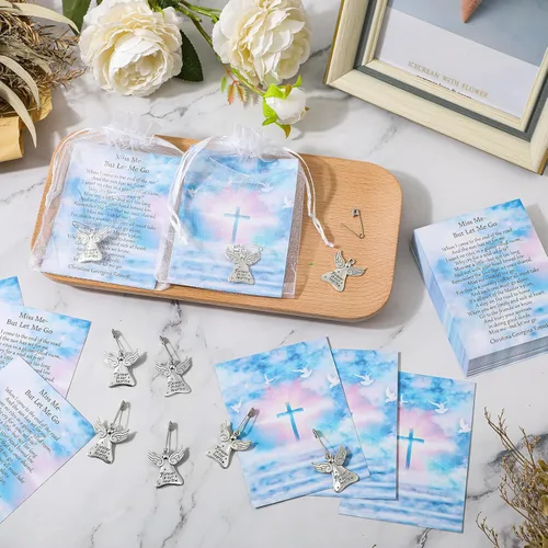 Miniatura 5 de SATINIOR 100 juegos de recuerdos fúnebres, alfileres conmemorativos de ángel de celebración de la vida con tarjetas de oración, bolsas de organza