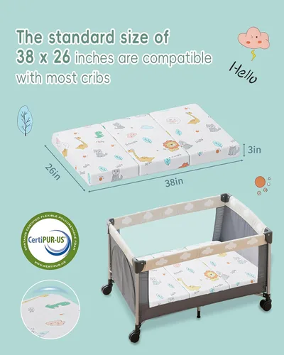 Miniatura 2 de Colchón triple Pack and Play de 38 x 26 pulgadas, colchón Pack N Play para bebé niño, colchón portátil para cuna para corralito y corral con funda