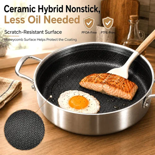 Miniatura 5 de DELARLO Sartén de tres capas de acero inoxidable de 10 pulgadas Sartén de freír profunda de 3QT con tapa Sartén de saltear con tapa Compatible