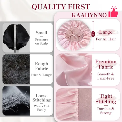 Miniatura 5 de Gorro de satén de seda con banda de amarre para dormir, para mujeres de cabello rizado: gorro de noche para cabello liso, ondulado, ensortijado, Rosa