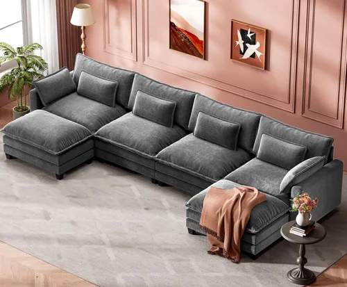 Miniatura 9 de Marsail Sofá modular modular de 110.6 pulgadas en forma de U, moderno y cómodo sofá nube, sofá de felpilla de 5 asientos con almohada y otomana Azul