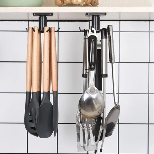BAIEUEJO 2 ganchos de 360 rotaciones para debajo del gabinete, ganchos de cocina adhesivos sin clavos para utensilios/herramientas/toalla/cuchillo