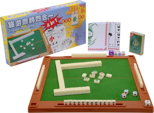 drizzle Juego de mahjong de viaje 4 en 1 con mesa Mahjong – 146 azulejos tamaño portátil Mah-Jongg – Dibujos de tamaño de póquer, dibujos de peces y