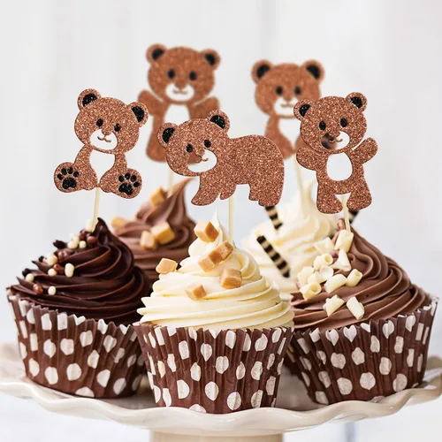 Miniatura 4 de Gyufise 24 piezas de decoración de fiesta de cumpleaños de oso para baby shower, We Can Bearly Wait Cupcake Toppers Decoración de mesa, accesorios