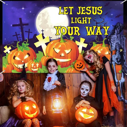 Miniatura 6 de WovWeave Pancarta de fondo de calabaza cristiana de Halloween, decoración religiosa para tronco o golosinas, 72.8 x 43.3 pulgadas, deja que Jesús