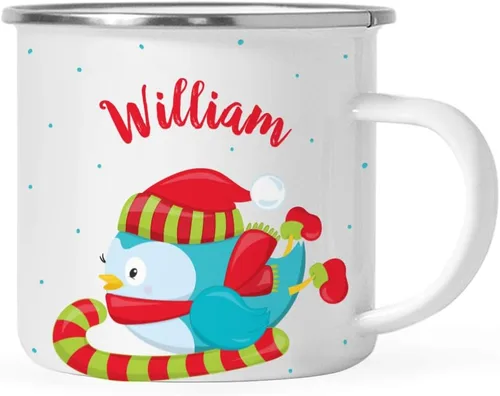Miniatura 8 de Andaz Press Taza de café de acero inoxidable con nombre personalizado de 11 onzas para niños, diseño de búho azul festivo, 1 paquete, taza