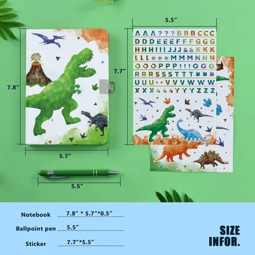 Miniatura 7 de WERNNSAI Diario Luminoso de Dinosaurio para Niños, Diario Secreto con Llaves de Cerradura, Cuaderno con Bolígrafo y Calcomanías, Regalo