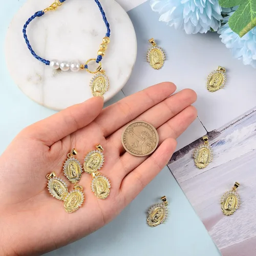 Miniatura 3 de Ornaland 10 dijes ovalados de la Virgen María de 18 quilates, chapados en oro de 18 quilates, colgantes de latón con circonita cúbica