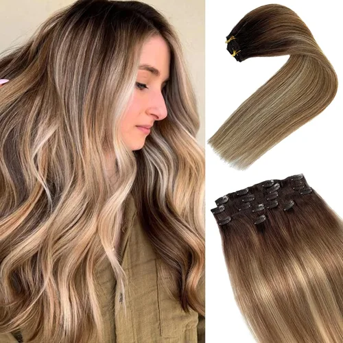 Extensiones de cabello con pinza Valiilo, cabello humano, 70 g, 7 unidades, estilo balayage, color nogal marrón a marrón ceniza y rubio medio,