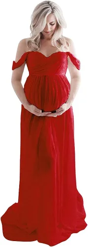 Miniatura 6 de Fuera del hombro de la colmena de la manga del cordón vestido de maternidad de la ducha del bebé maxi fotografía traje largo piso longitud vestido