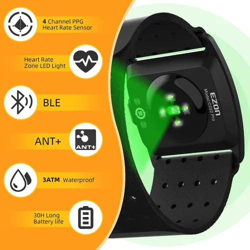 Miniatura 2 de EZON C022Pro - Brazalete con monitor de frecuencia cardíaca con ANT+ y Bluetooth, luces indicadoras LED de zona HR, impermeable 3ATM, correa