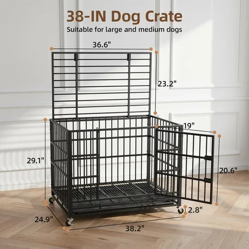 Miniatura 2 de VOWNER Jaula para perros indestructible de 38 pulgadas, resistente a prueba de escapes, con 4 ruedas bloqueables, jaula para perros de alta ansiedad