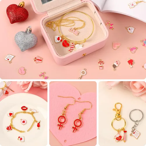 Miniatura 6 de SANNIX 110 dijes para el día de San Valentín, esmalte dorado para hacer joyas, colgantes rosados para hacer pulseras de San Valentín, collares