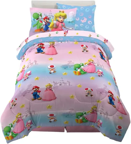 Super Mario Girl Princess Peach Girl Gamer - Edredón y juego de sábanas para niños súper suave y acogedor, de microfibra reversible con funda de