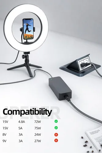 Miniatura 2 de Superer Cargador de 15 V apto para cable de alimentación de luz de anillo Neewer – Ajuste para Neewer Photo Studio Ring Light de 14 pulgadas y 18