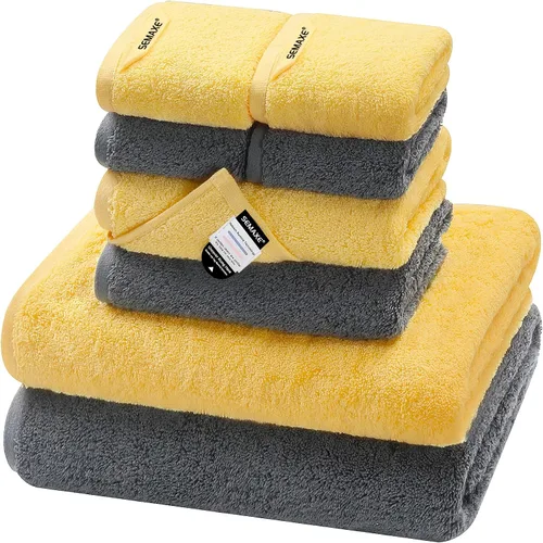 Miniatura 33 de SEMAXE - Juego de toallas de baño amarillas, 2 toallas de baño de lujo, 2 toallas de mano, 4 toallas faciales 100% algodón con bucles para colgar