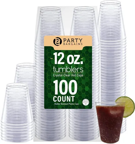 PARTY BARGAINS Vasos de plástico duro transparente de 12 onzas, paquete de 100 vasos desechables rígidos de alta resistencia, vasos resistentes a