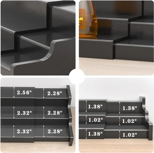 Miniatura 6 de Organizador de especias para gabinete, estante de exhibición expandible de madera de bambú negro de 3 niveles de 12.70 a 22.20 pulgadas