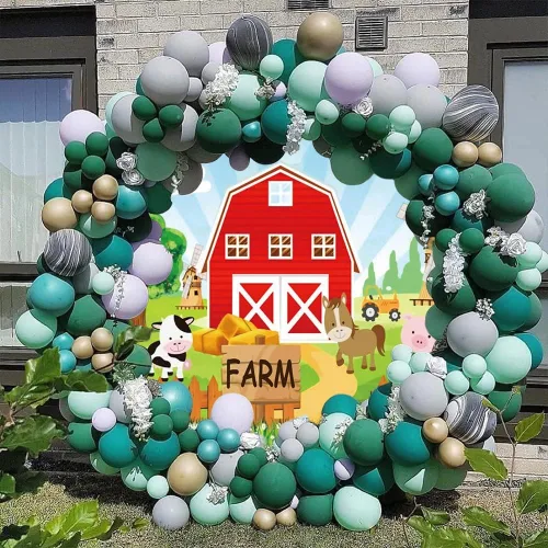 Miniatura 4 de Fondo redondo de dibujos animados de animales de granja de 3 x 3 pies, fondo redondo para fotografía de granero rojo para niños, baby shower