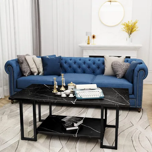Miniatura 4 de AWQM Mesa de Centro de Mármol, Mesa de Centro Rectangular con Superficie de Mármol Sintético y Marco de Metal Negro, Mesa de Sala de 2 Niveles