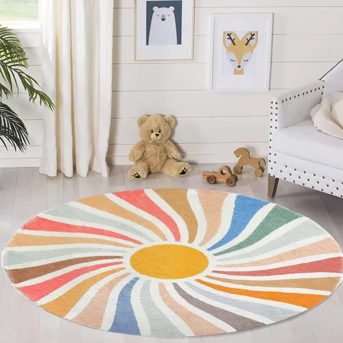 Poowe Alfombra redonda con diseño de arco iris, colorida alfombra bohemia para niños, ultra suave, lavable, alfombra para habitación del cuarto de