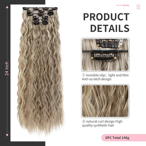 Miniatura 2 de Flufymooz - Extensiones de cabello con clip, 6 unidades, extensiones de cabello largas con ondas de sirena, sintético, postizo para mujer, 24 Marrón