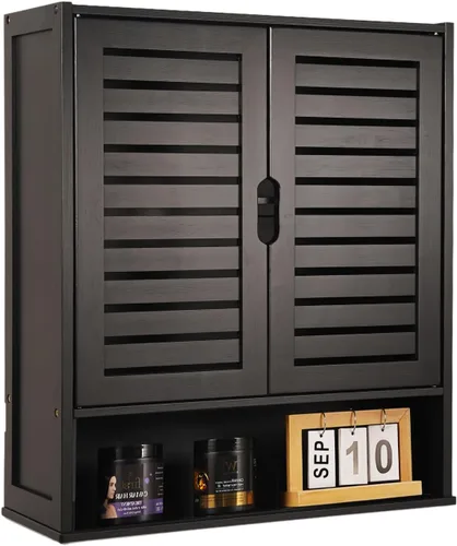 Miniatura 9 de Armario de almacenamiento de bambú montado en la pared para baño con puertas dobles, estante ajustable de 2 niveles, organizador sobre inodoro
