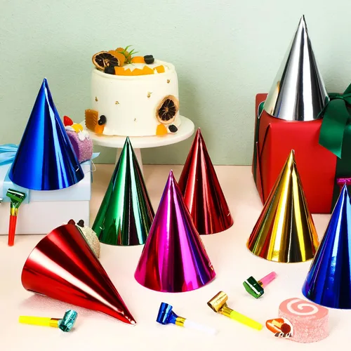 Miniatura 6 de Sotiff Juego de 200 sombreros y sopladores para fiesta de cumpleaños, cono colorido, sombrero metálico de papel de aluminio para niños y adultos
