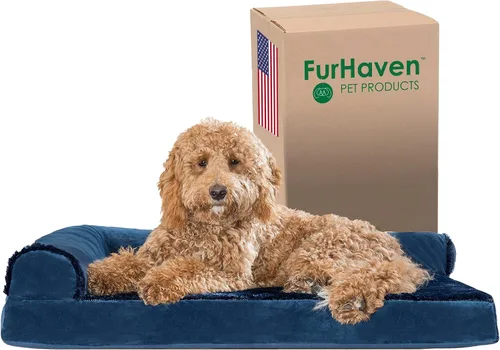 Miniatura 21 de Furhaven - Cama ortopédica de espuma para perros, de piel sintética y gamuza, en forma de L, en dos tonos estilo caja de huevos, color gris piedra