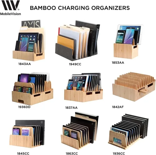 Miniatura 6 de MobileVision Organizador de dispositivos de bambú para teléfonos inteligentes, tabletas y portátiles, 10 ranuras