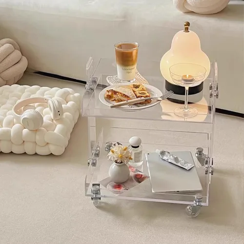 Miniatura 3 de Gdrasuya10 Mesa auxiliar de acrílico transparente con ruedas, mesa auxiliar de acrílico de 2 niveles, carrito de servicio rodante, mesa