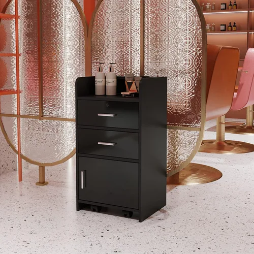 Miniatura 3 de SSLine Estación de salón moderna, soporte de piso negro, gabinete de madera para estilista, peluquería, peluquería, mesa de almacenamiento clásica