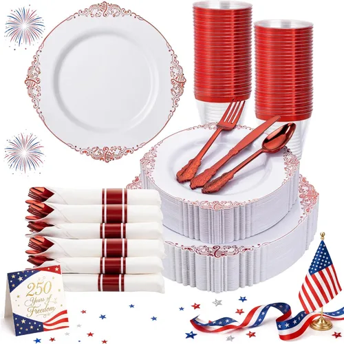 Miniatura 12 de Nervure 350 platos de plástico dorados, juegos de vajilla de plástico dorado para 50 invitados, 100 platos desechables, 150 cubiertos, 50 tazas, 50