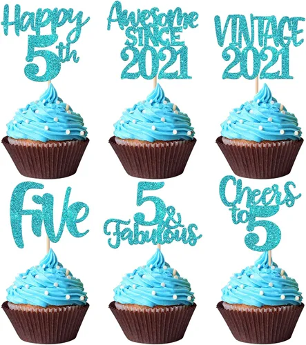 Miniatura 58 de Rsstarxi Paquete de 24 adornos para cupcakes vintage 2019 con purpurina negra para 5º cumpleaños, saludos a 5, cinco, 5, 5 fabulosos para cupcakes