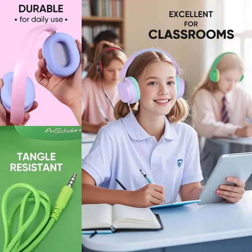 Miniatura 3 de Auriculares para niños en paquete de 5 unidades para la escuela, auriculares con micrófono HD y sonido estéreo sobre la oreja para el aula, ajuste