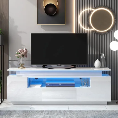 Miniatura 25 de Soporte de TV versátil de alto brillo con luces LED que cambian de color y 2 estantes de vidrio templado, centro de entretenimiento para televisores