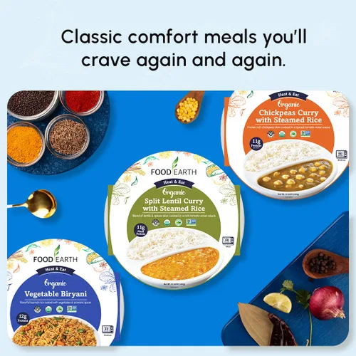 Miniatura 7 de Food Earth Paquete de cocina india listo para comer – Curry de lentejas partidas, curry de garbanzos con arroz al vapor y biryani de verduras