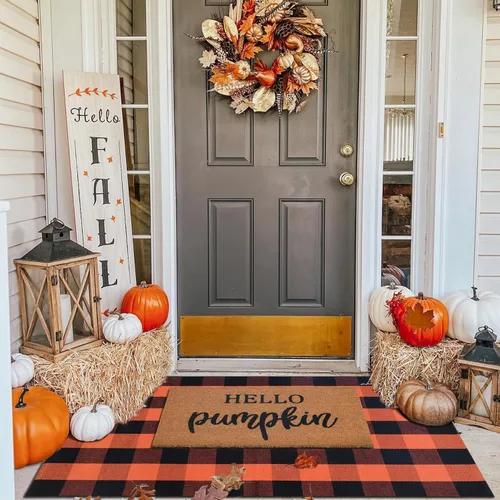 Miniatura 13 de Juego combinado de tapetes de puerta de decoración de otoño, 100% fibra de coco + alfombra a cuadros naranja y negra de 28 x 43 pulgadas, tapete