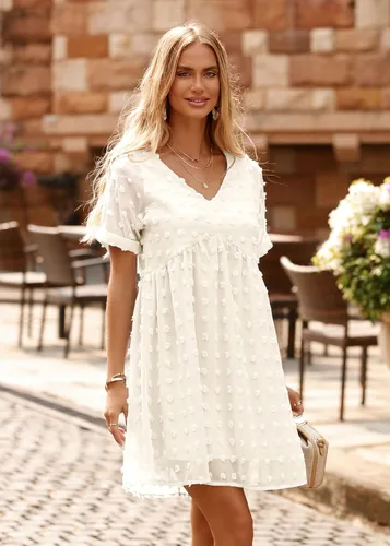 Miniatura 6 de KIRUNDO Vestido corto de manga corta de verano para mujer, vestido casual, suelto y con un cuello en V sexy, vestido holgado de punto suizo