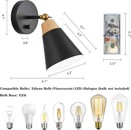 Miniatura 2 de Aplique de Pared con Pantalla de Metal, Interruptor de Encendido/Apagado, Lámpara Decorativa de Interior de Montaje en Pared con Brazo Articulado