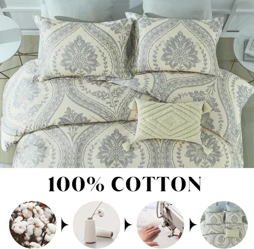 Miniatura 2 de CozyDH Juego de funda de edredón tamaño Queen - 100% algodón 400 número de hilos beige, suave, transpirable, floral, damasco, paisley, juego