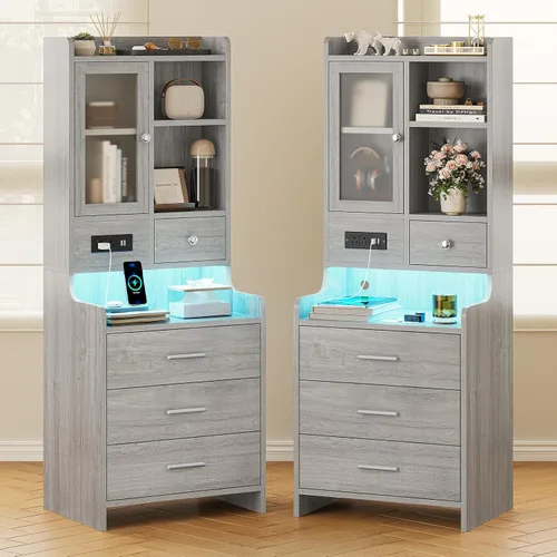 Miniatura 10 de ADORNEVE Mesita de noche alta con estación de carga y luces LED, mesita de noche de 49.2 pulgadas con estantería, mesita de noche negra con cajones