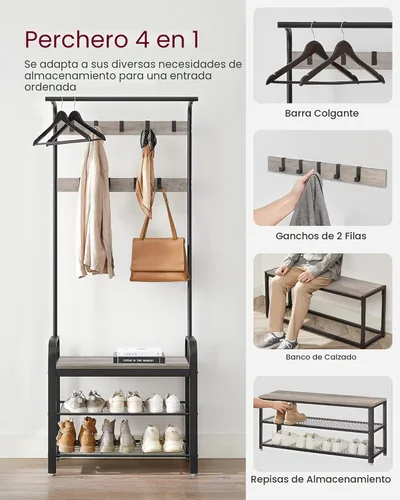 Miniatura 3 de VASAGLE Perchero, Árbol de Pasillo con Banco de Zapatos para Entrada, Banco de Entrada con Perchero, 4 en 1, con 9 Ganchos Extraíbles, una Barra