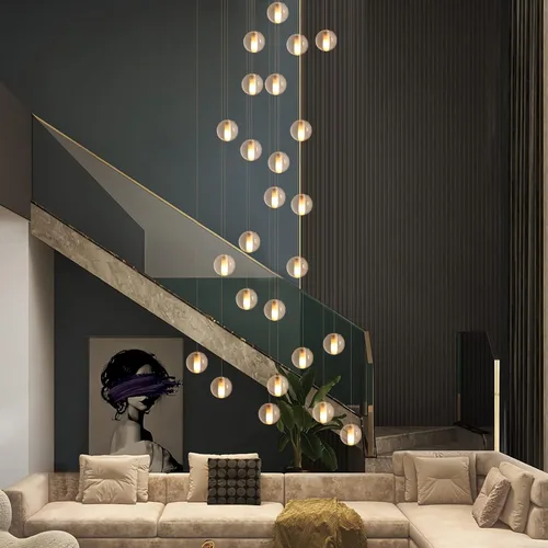Lámpara de escalera de 25 luces para techo alto, lámpara colgante de gota de lluvia de cristal moderno ajustable, luz colgante larga y grande para