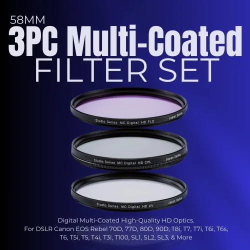 Miniatura 2 de Kit de filtros de 3 piezas con revestimiento múltiple de 2.283 in (UV-CPL-FLD) para DSLR Canon EOS Rebel 70D 77D 80D 90D T8i T7 T7i T6i T6s T6 T5i