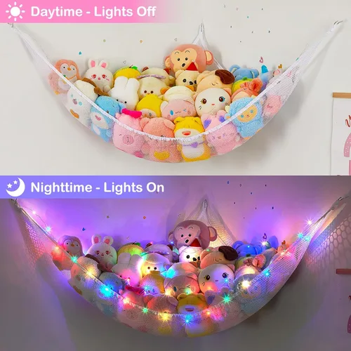 Miniatura 4 de Basumee Hamaca de animales de peluche con luz LED, organizador de red de juguetes de peluche, organizador de esquina para almacenamiento de animales