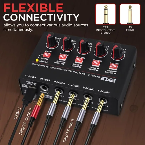 Miniatura 4 de Pyle Mezclador de línea inalámbrico Bluetooth 5.0 de 4 canales - Interfaz de audio USB - 4 entradas mono/estéreo - Ruido ultrabajo - Alto margen