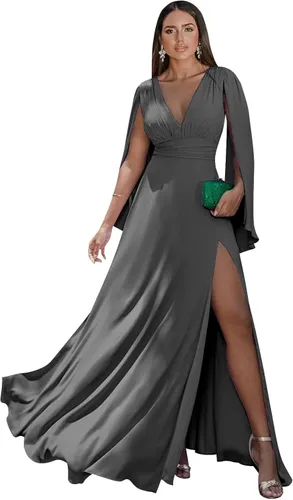 Miniatura 16 de Women's Long Sleeve Bridesmaid Dresses V-Neck Chiffon Ruched Formal Dress Evening Gown with Slit