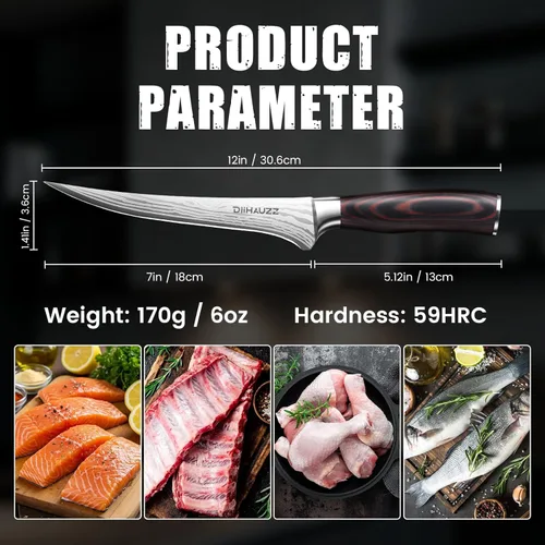Miniatura 2 de DiiHAUZZ Cuchillo de filete de 7 pulgadas para pescado, cuchillo de deshuesado afilado de acero inoxidable de alto carbono para deshuesado de aves